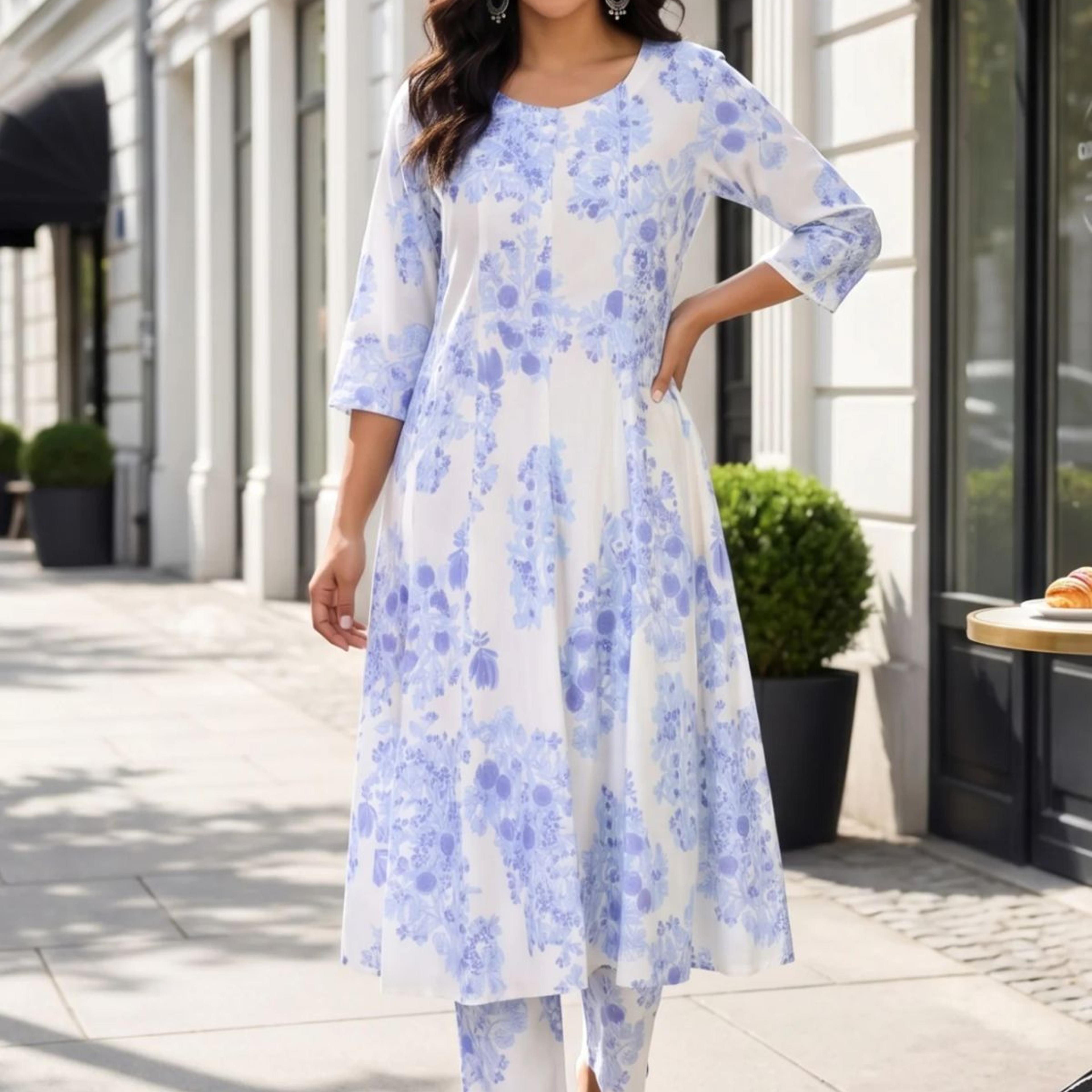 White Floral Printed Cotton Flax Flared Kurta