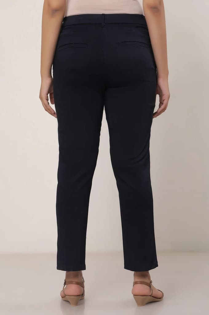 Black Solid Straight Fit Cotton Pants With Button And Zip Closure — photo 4