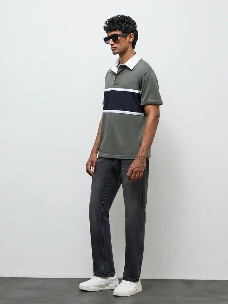 WES Casuals Olive Relaxed-Fit Cotton-Blend Polo T-Shirt — photo 3