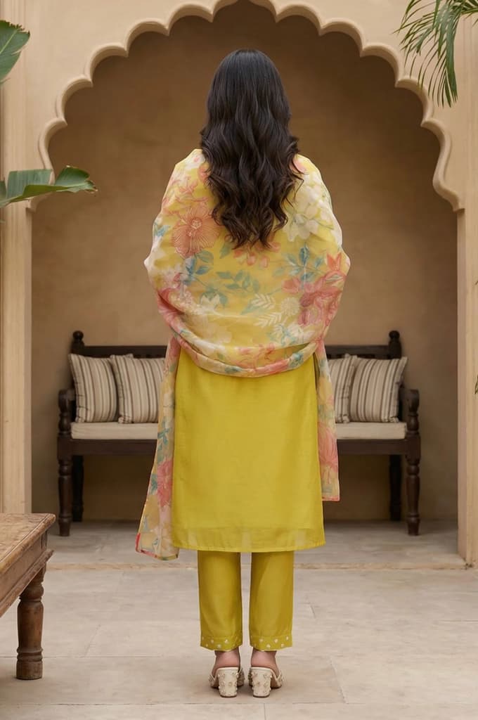 Yellow Thread Embroidery Chanderi Straight Kurta with Pants and Dupatta Set — photo 5