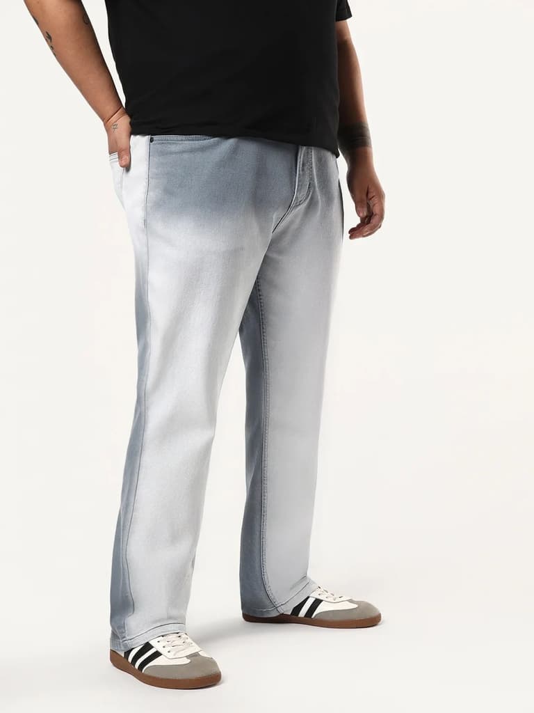 Plus Men's Light Grey Straight Fit Heavy Washed Faded Denim Jeans Stretchable — photo 3