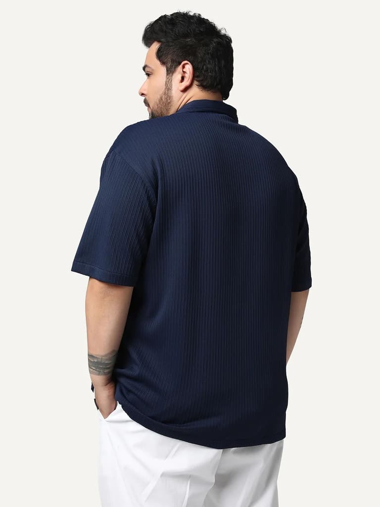 Plus Men's Navy Cotton Half Sleeve Oversized Fit Textured Shirt with Cuban Collar — photo 3