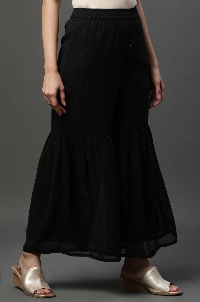 Black Polka Dots Printed Flared Georgette Sharara With Elasticated Waist — photo 2