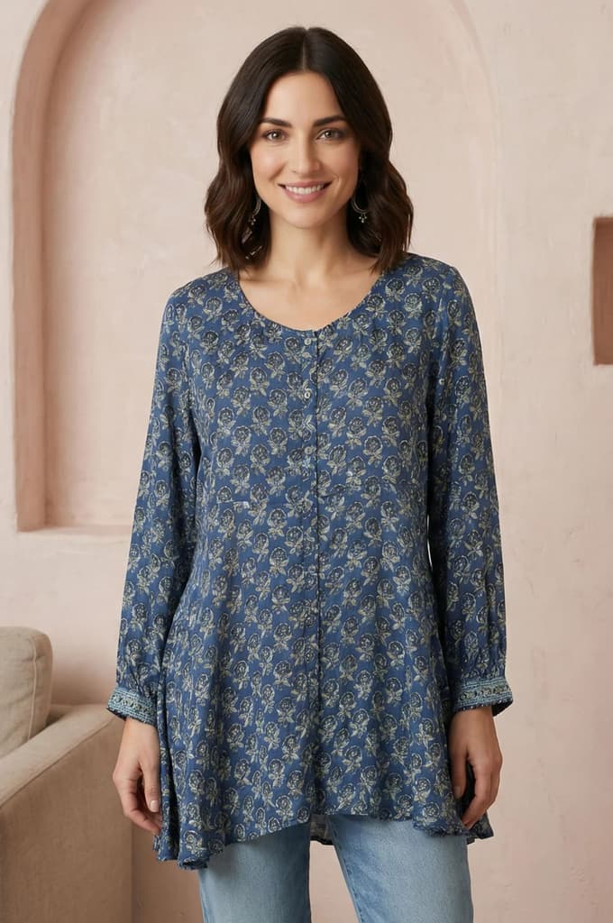Blue Block Printed Modal Satin A-line Top — XS