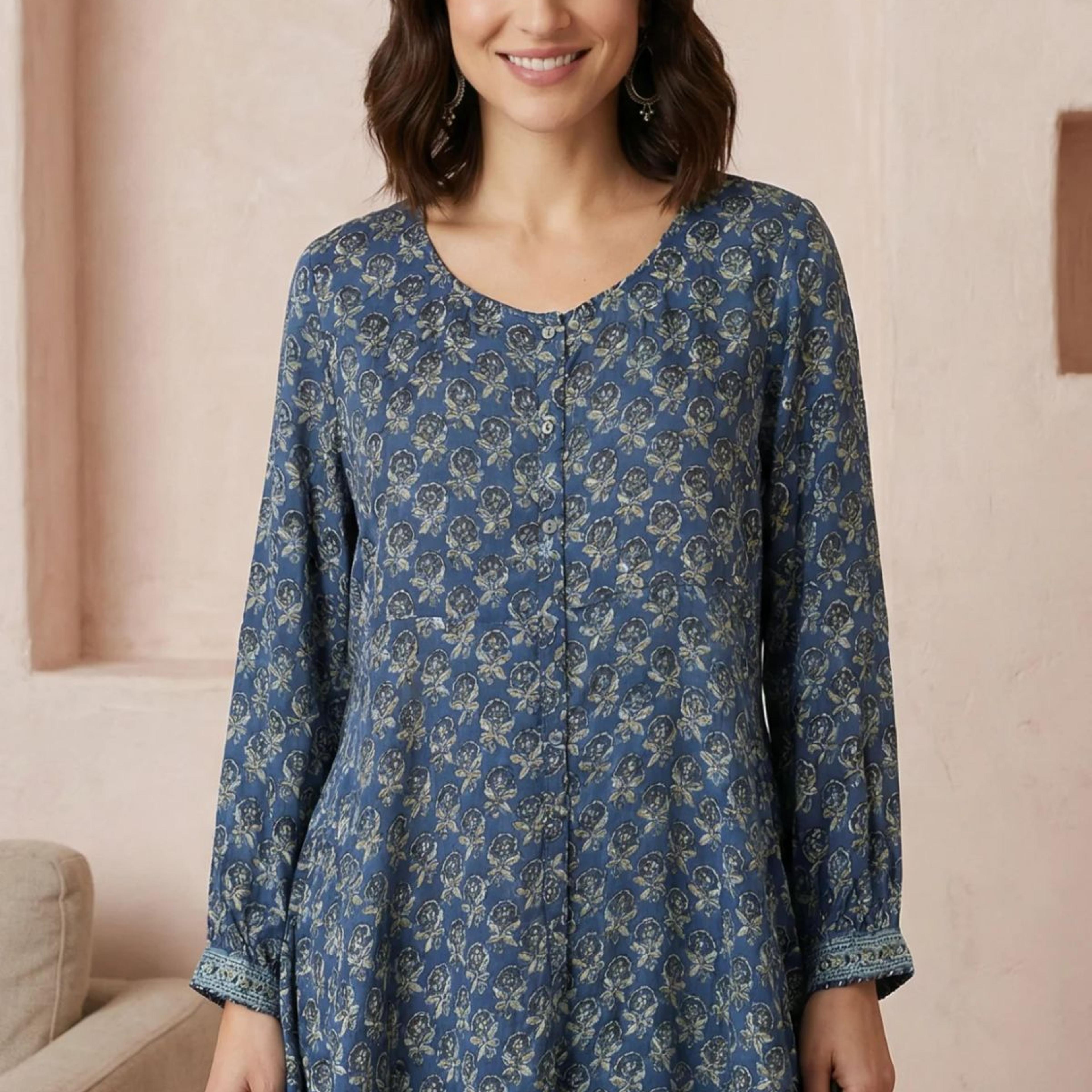 Blue Block Printed Modal Satin A-line Top