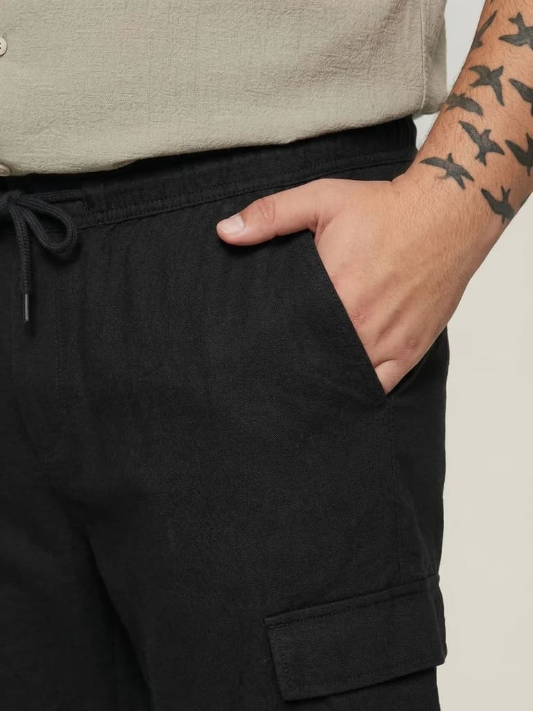 Plus Men's Black Straight Fit Linen Cargo Pants with 6 Pockets — photo 6
