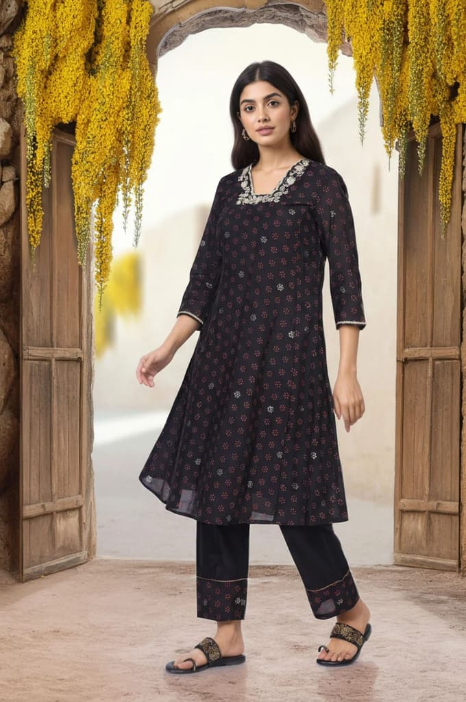 Black Embroidered A-Line Kurta with Straight Pant and Dupatta Set — photo 6