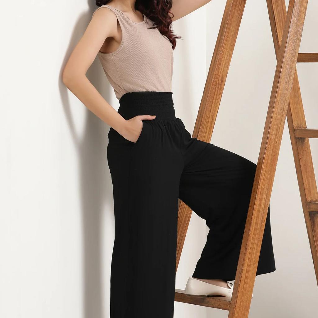 Black Solid Flared Pants With Smocked Waistbelt