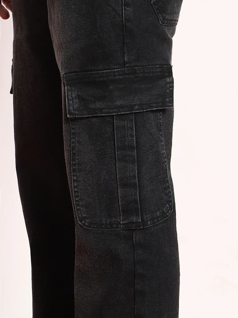 Men's Black Regular Fit Washed Cargo Jeans With 6 Pockets Stretchable — photo 6