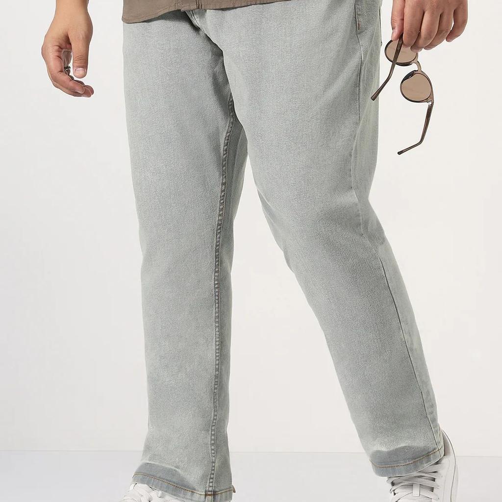 Plus Men's Ice Grey Straight Fit Heavy Washed Jeans Stretchable