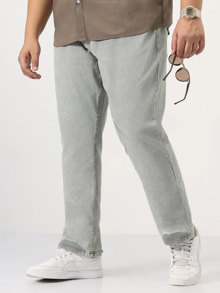 Plus Men's Ice Grey Straight Fit Heavy Washed Jeans Stretchable — 36 / Ice Grey