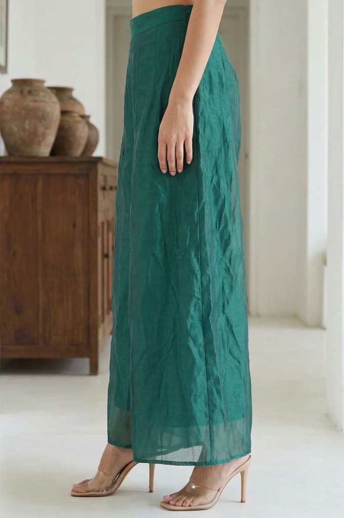 Green Solid Chanderi Wide Leg Flared Ankle Length Culottes — photo 2