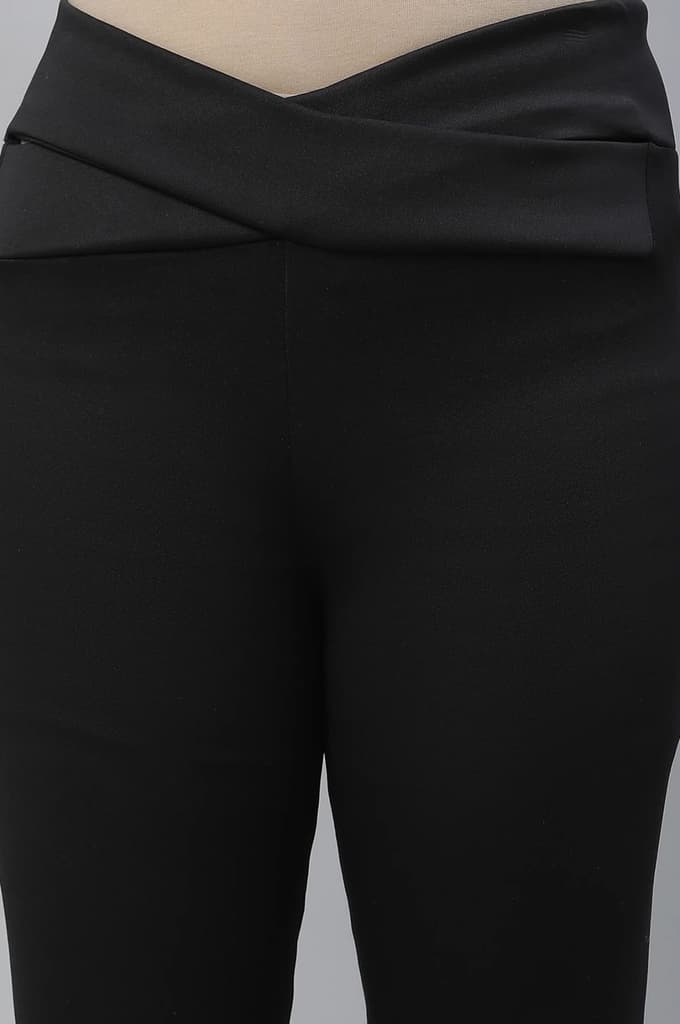 Black Solid Skinny Fit Tights With Criss Cross Waistband — photo 6