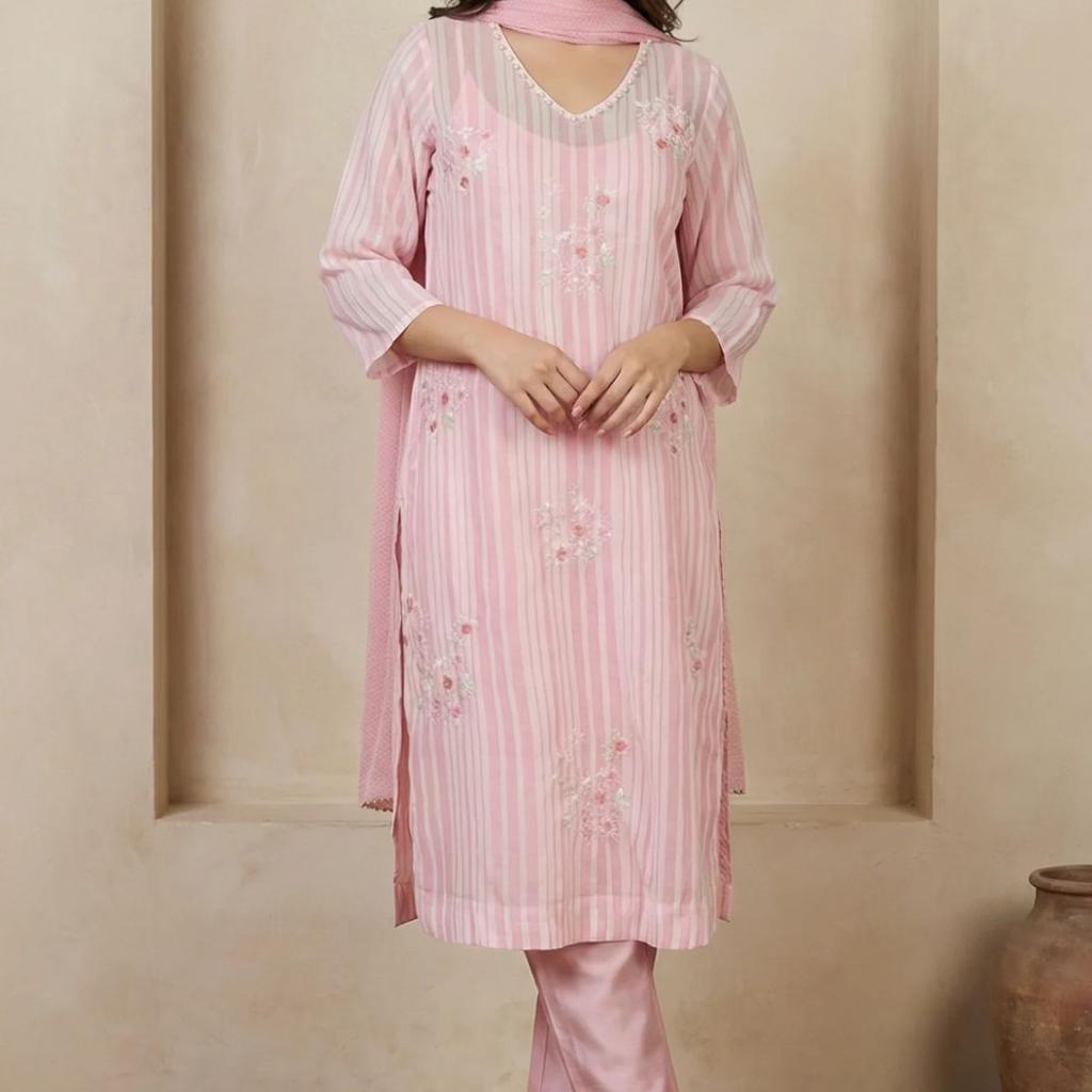 Pink Thread Embroidered Striped Organza Straight Kurta with Straight Pants and Dupatta Set