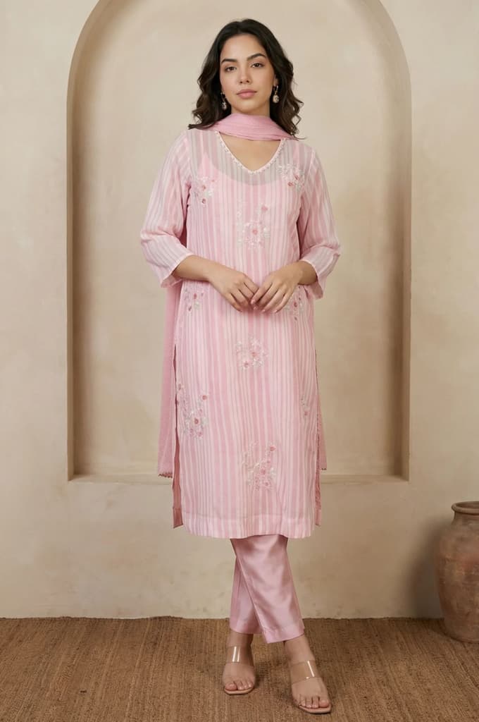 Pink Thread Embroidered Striped Organza Straight Kurta with Straight Pants and Dupatta Set — XS