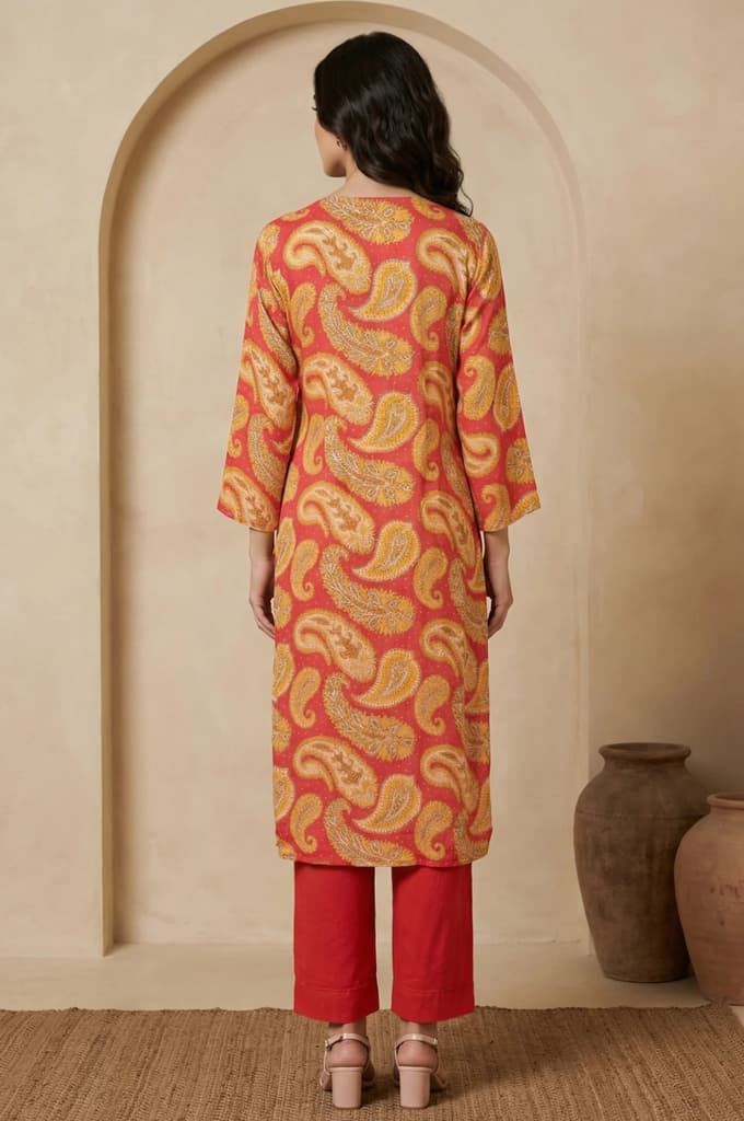 Rust Red Paisley Thread Embroidered Modal Straight Kurta — photo 5