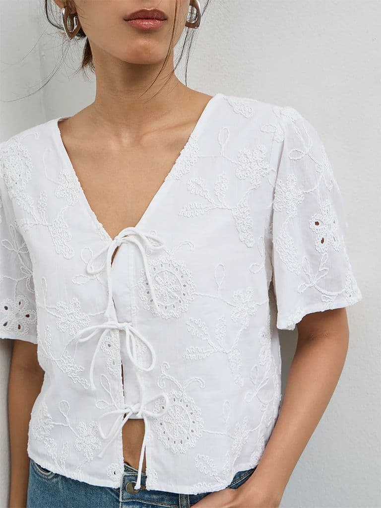 LOV Off-White Floral Embroidered Cotton Blouse — photo 3