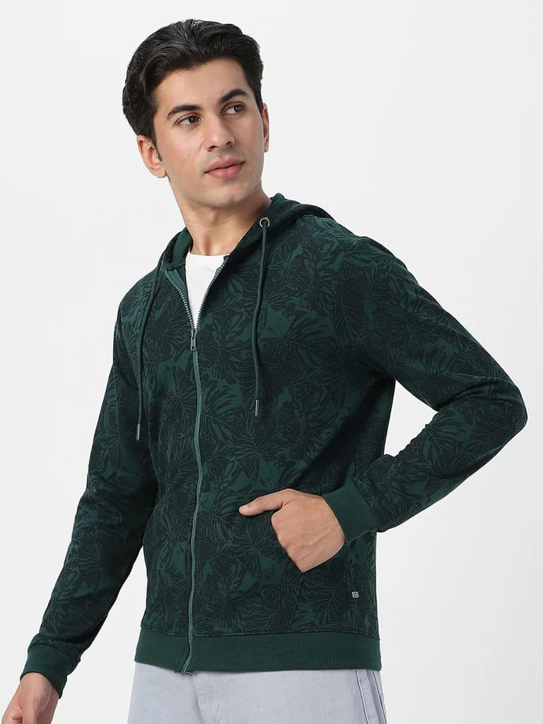 Men's Dark Green Regular Fit Printed Full Sleeve Winterwear Hooded Sweatshirt — photo 2
