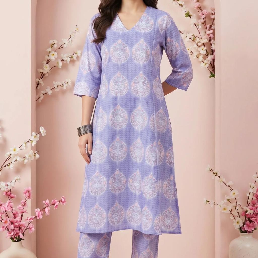 Lavender Floral Printed Pure Cotton A-line Kurta