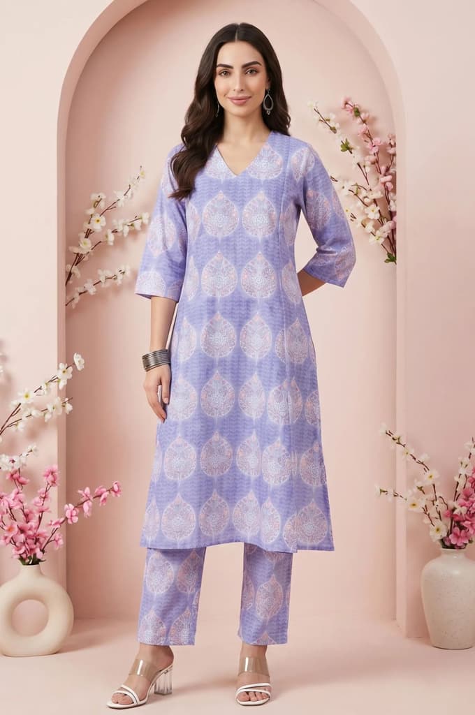 Lavender Floral Printed Pure Cotton A-line Kurta — XS