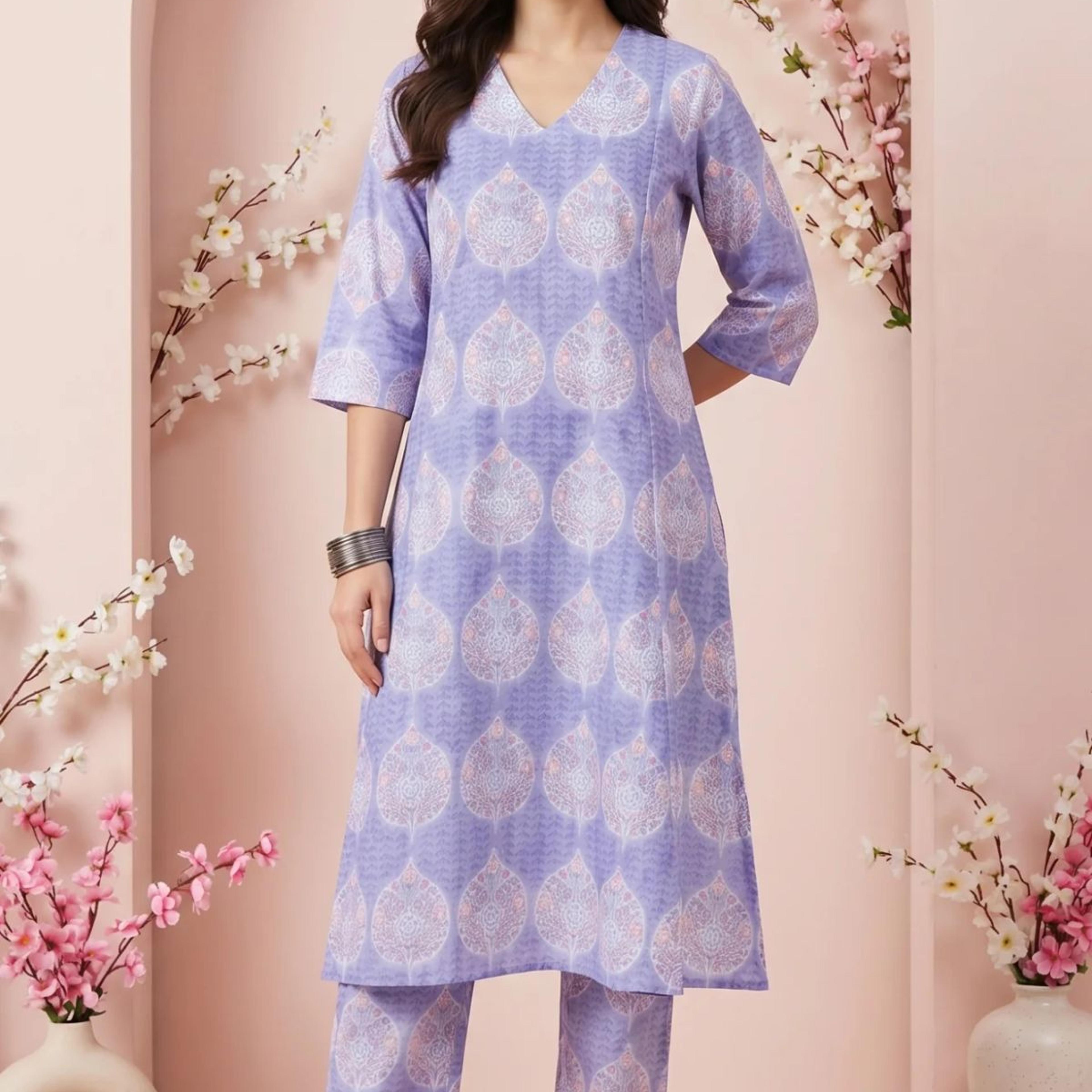 Lavender Floral Printed Pure Cotton A-line Kurta