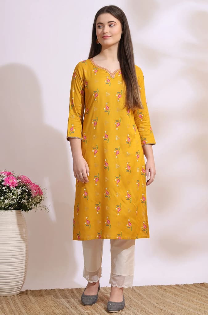 Deep Yellow Floral Printed Rayon Straight Kurta with Embroidered Neck — photo 3