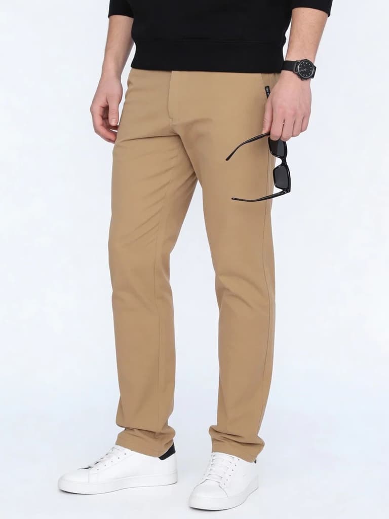 Men's Beige Straight Fit Mid Rise Cotton Casual Chinos Trousers Stretch — photo 2