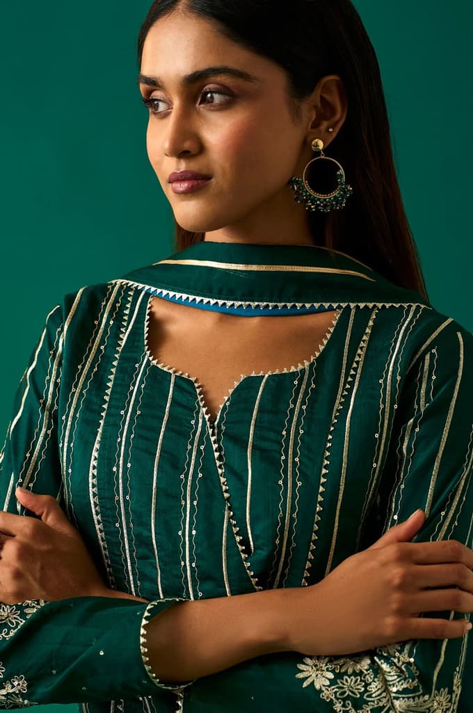 Green Striped Embroidered Angrakha Rayon Kurta with Trouser and Dupatta Set — photo 2