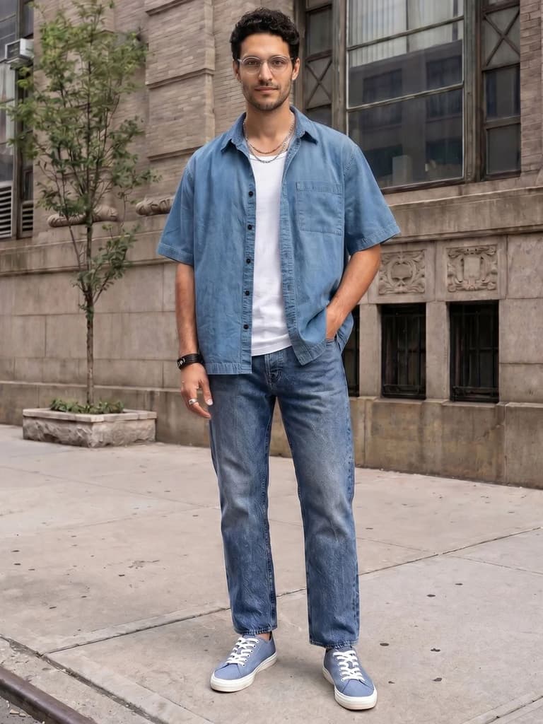 Men's Light Blue Oversized Fit Half Sleeve Solid Casual Denim Shirt — photo 4