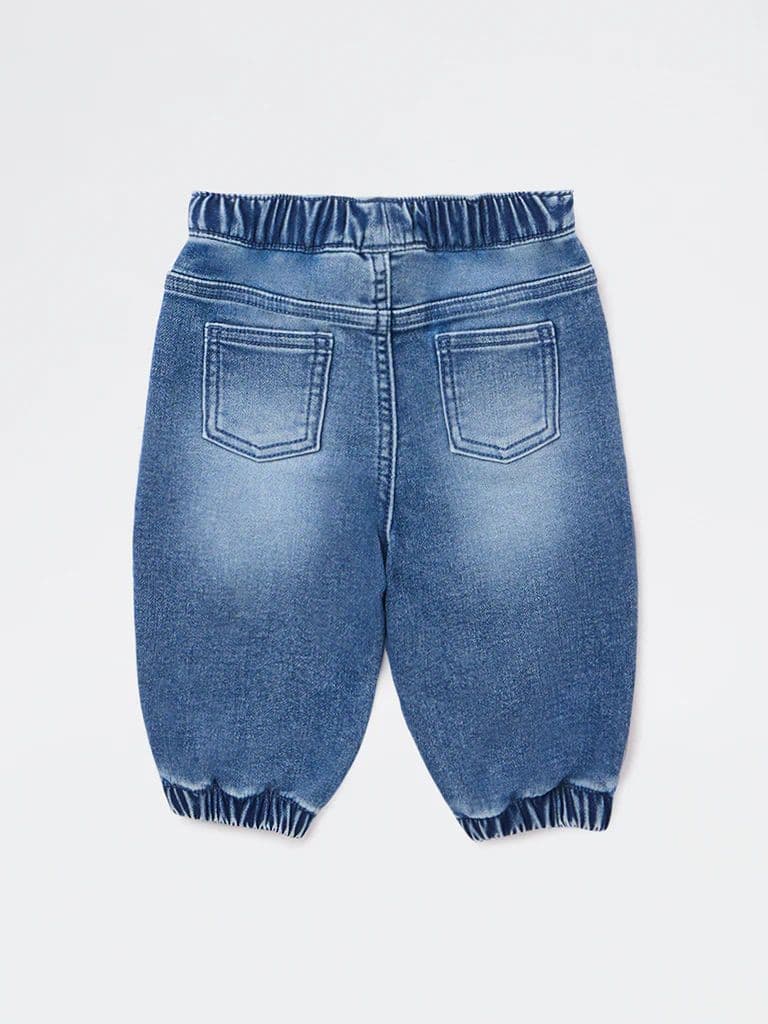 HOP Baby Boys Dark Blue Faded Mid-Rise Denim Joggers — photo 3
