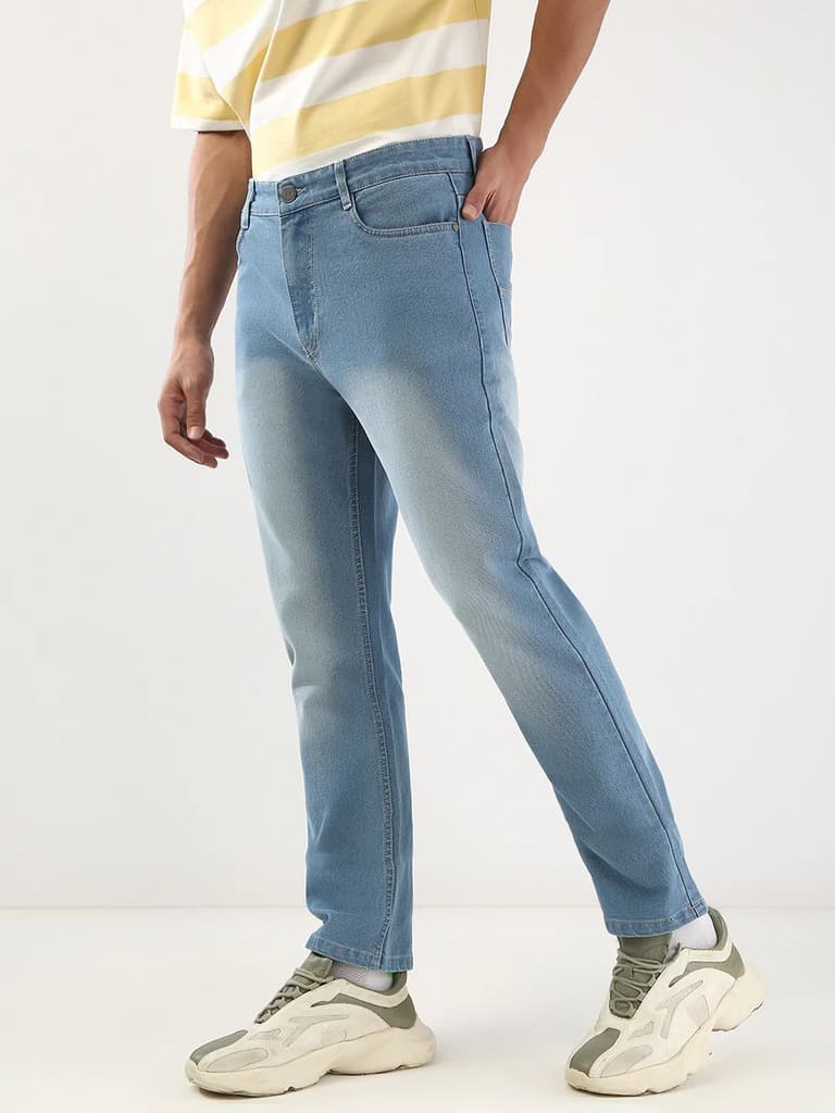Men's Light Blue Straight Fit Washed Jeans Stretchable — photo 2
