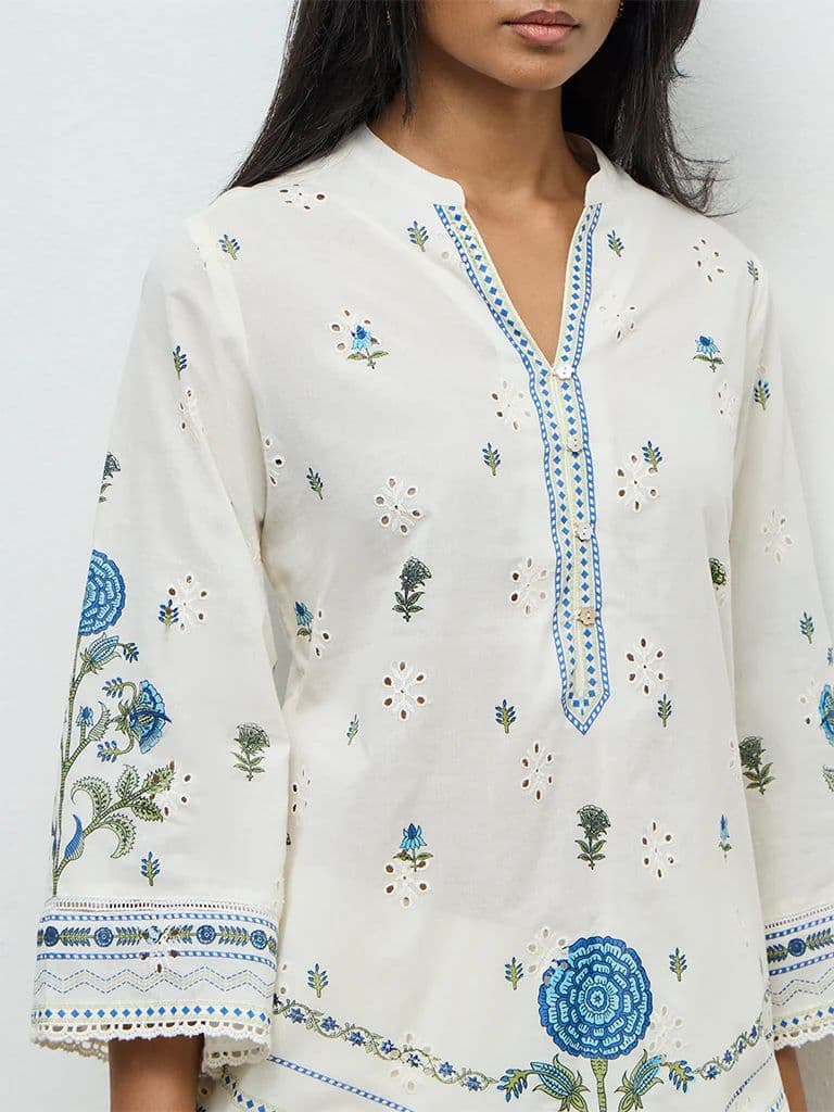 Utsa Off-White Floral Printed Cotton Kurti — photo 3