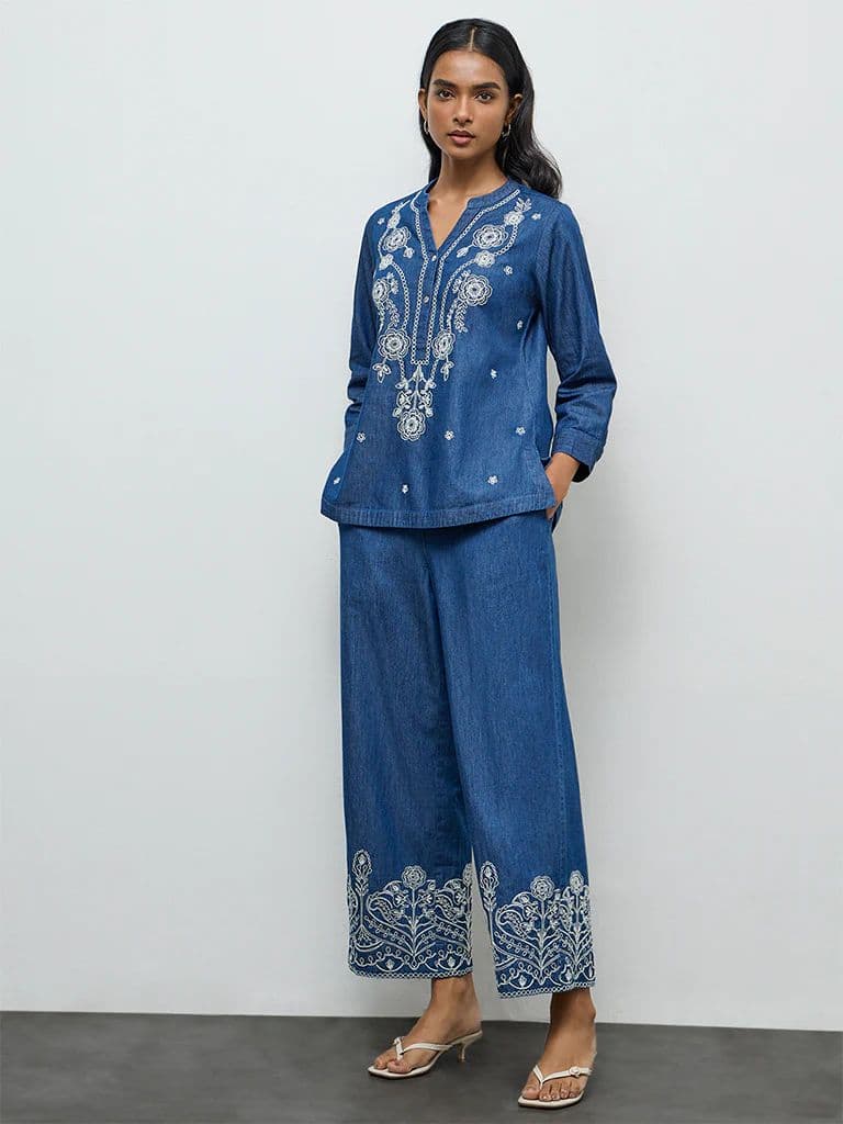 Utsa Blue Floral Embroidered Denim Tunic — photo 2