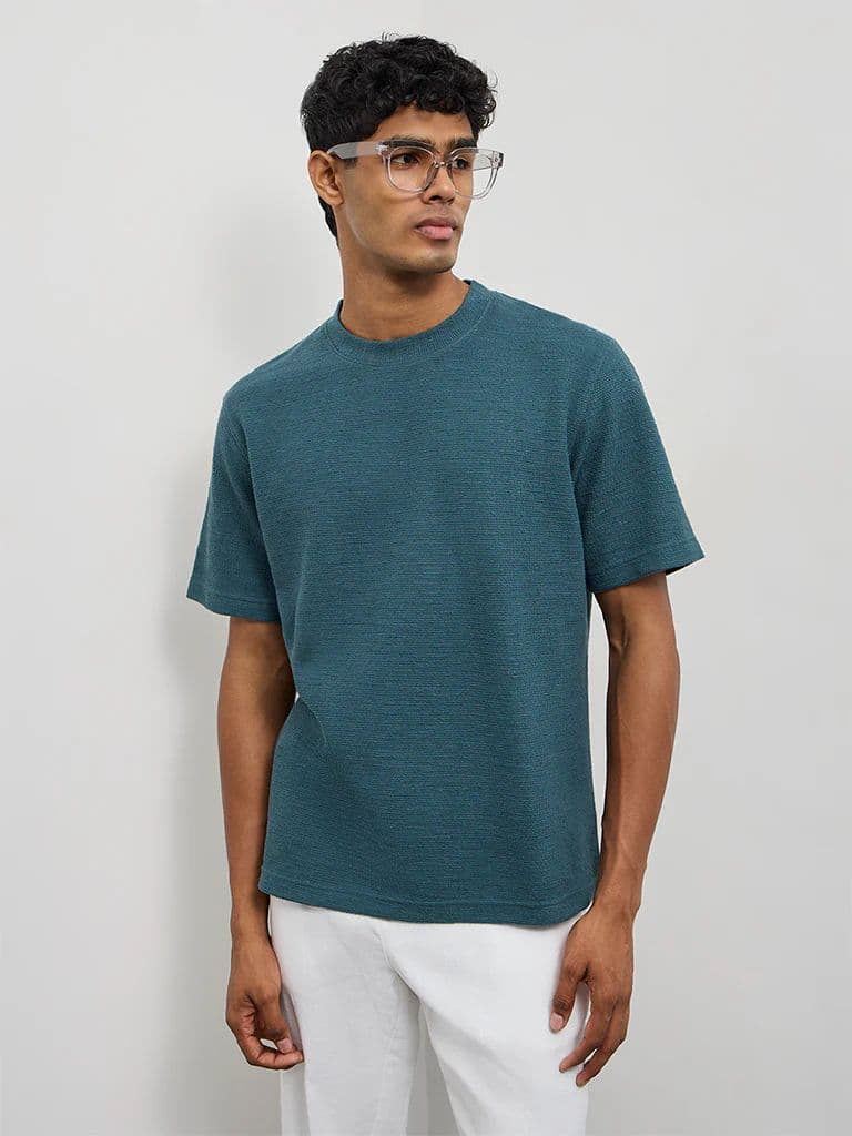 ETA Teal Textured Relaxed-Fit Cotton-Blend T-Shirt — photo 3