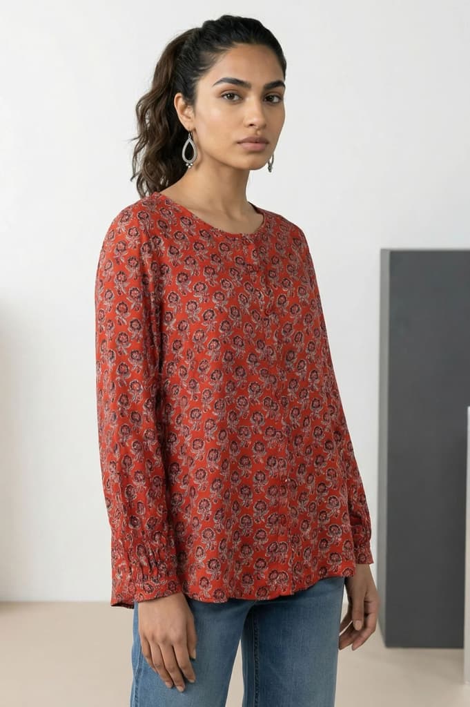 Red Block Floral Printed Satin Straight Top — photo 5