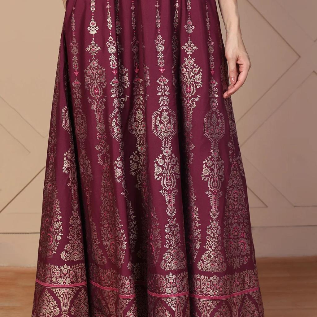 Maroon Ethnic Printed Flared Skirt