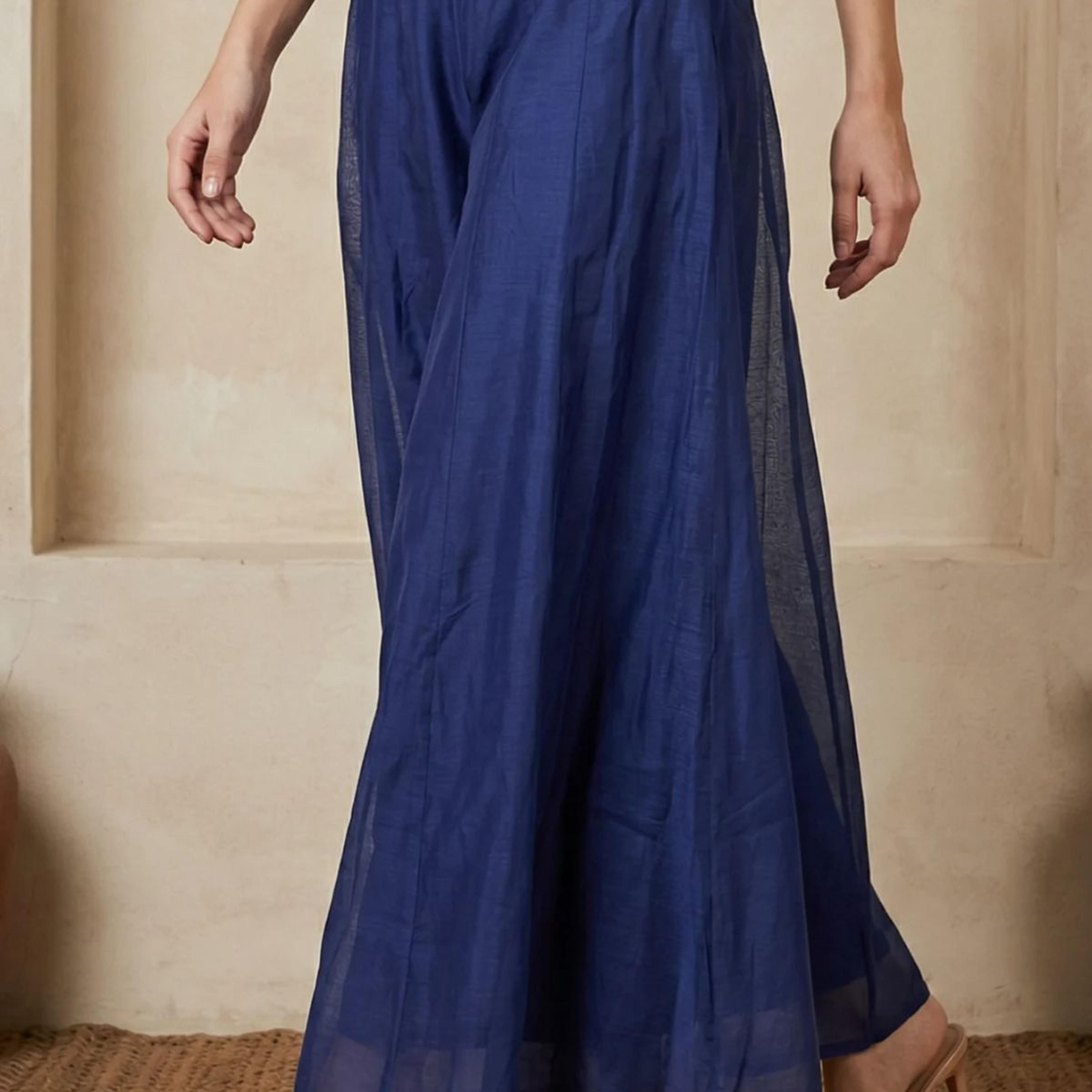 Navy Blue Solid Chanderi Flared Ankle Length Cullotes
