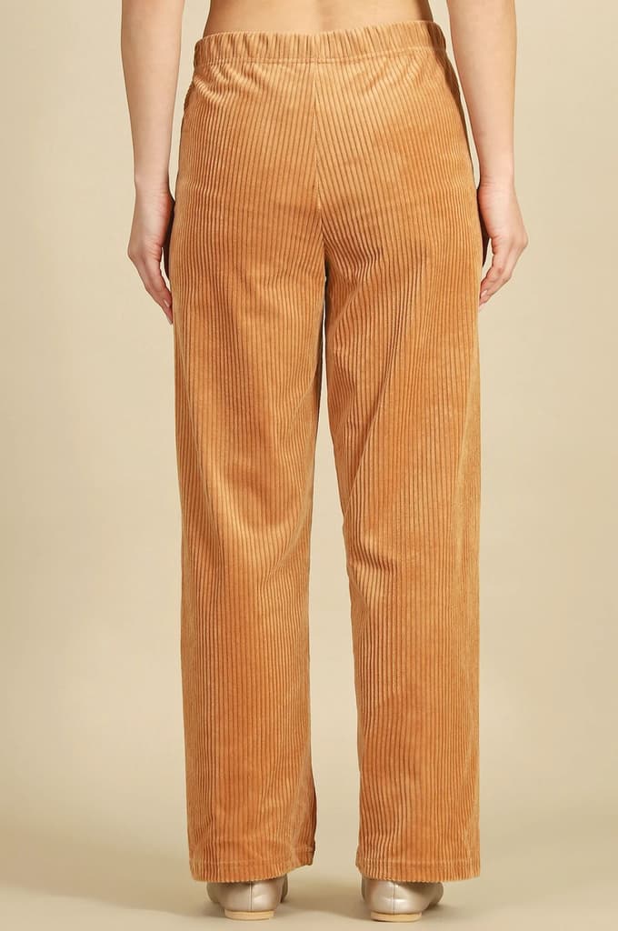 Brown Solid Straight Fit Cotton Pants With Elasticated Waist — photo 5