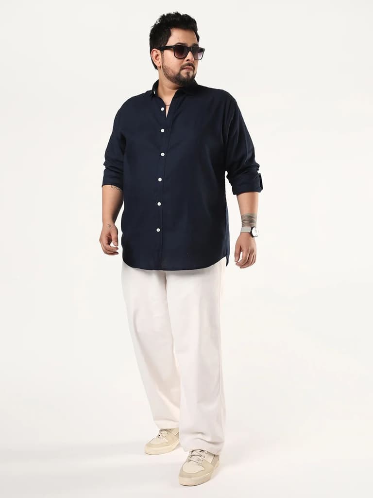 Plus Men's Navy Linen Blend Full Sleeve Relaxed Fit Casual Solid Shirt — photo 4