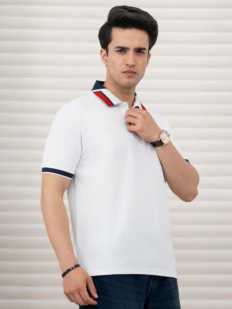 T Shirts for Men in White | Jacquard Collar Polo T Shirt — photo 2