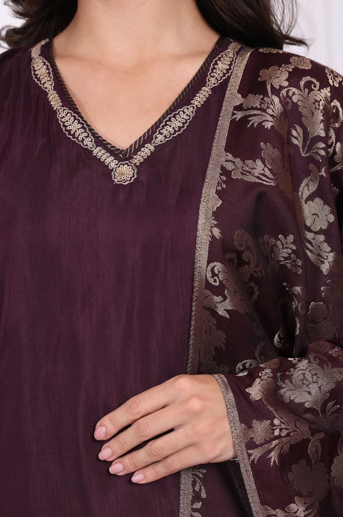 Maroon Embroidered Silk Straight Kurta, Pants and Dupatta Set — photo 3