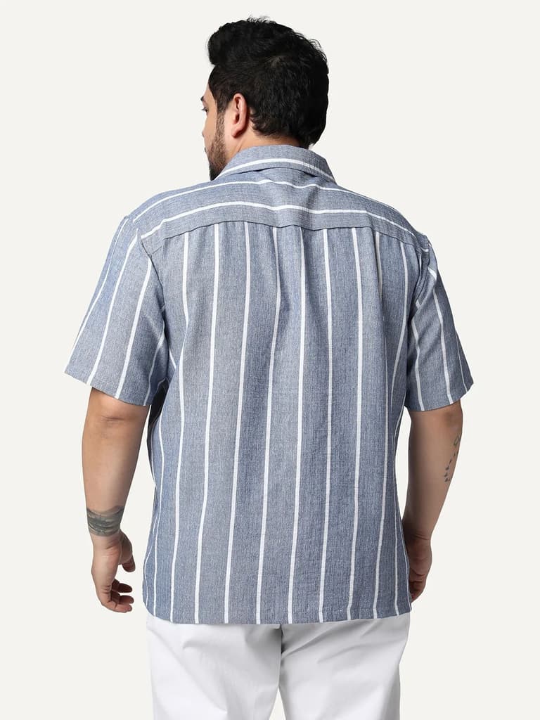 Plus Men's Blue Cotton Half Sleeve Relaxed Fit Linen Striped Shirt with Cuban Collar — photo 3