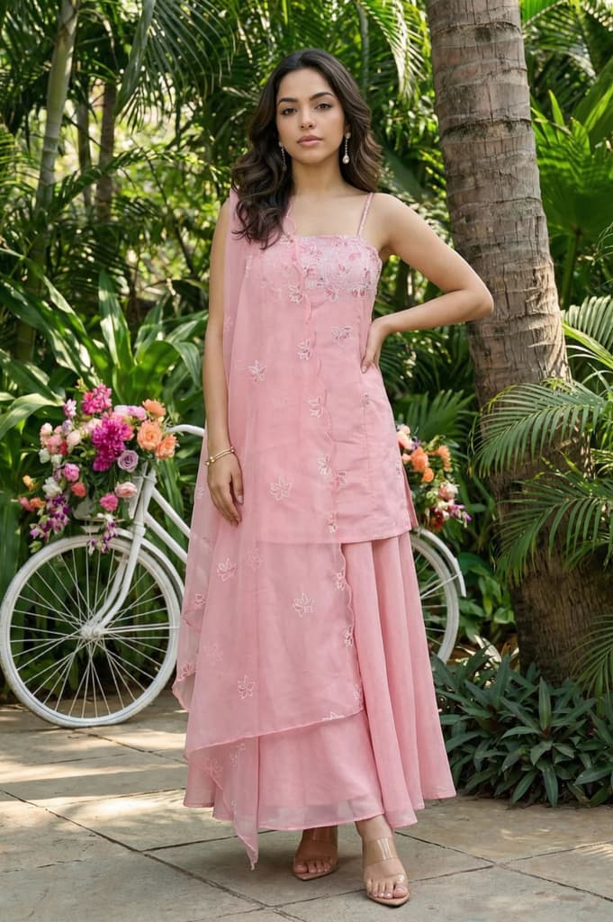 Pink Thread Embroidered Chanderi Noodle Straps Straight Kurta with Sharara and Dupatta Set — XS