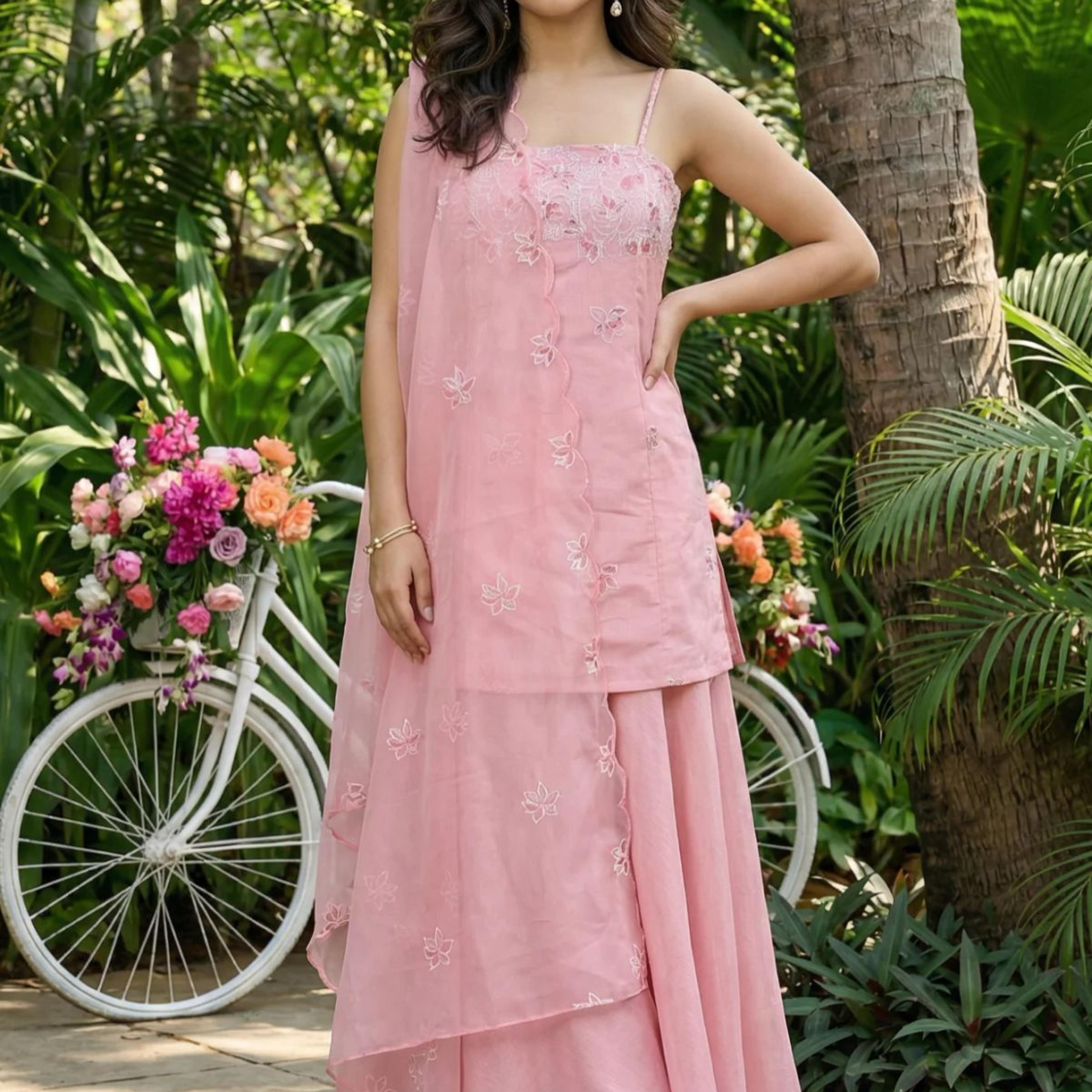 Pink Thread Embroidered Chanderi Noodle Straps Straight Kurta with Sharara and Dupatta Set
