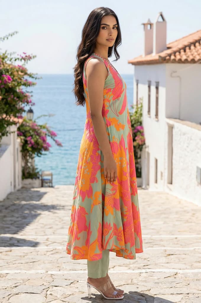 Green Floral Printed Modal A-line Kurta with Straight Pants Set — photo 4