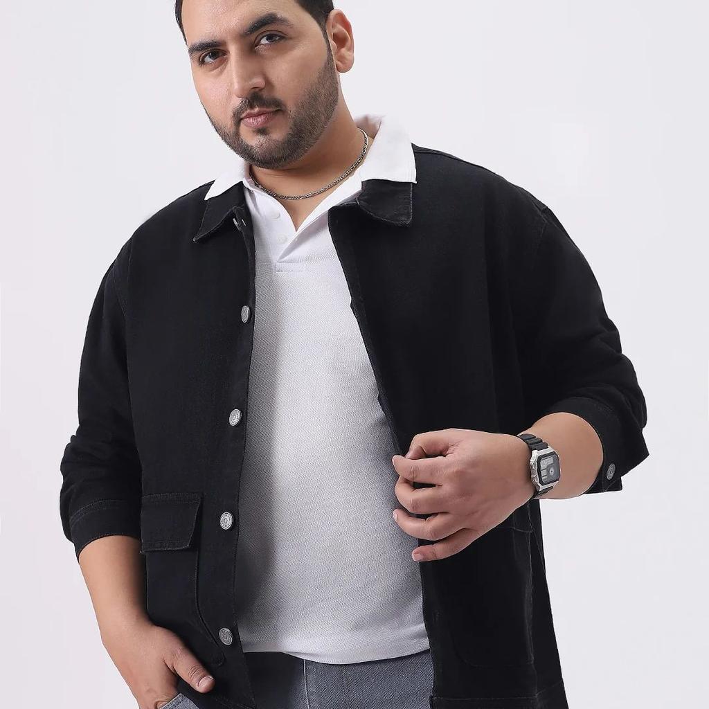 Plus Men's Black Relaxed Fit Full Sleeve Utility Denim Jacket