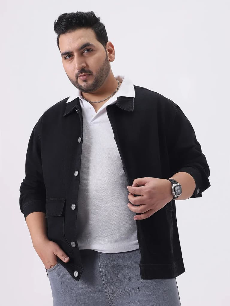 Plus Men's Black Relaxed Fit Full Sleeve Utility Denim Jacket — XXL / Black