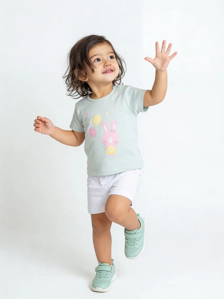 HOP Baby Girls Light Blue Printed Cotton T-Shirt and Shorts Set