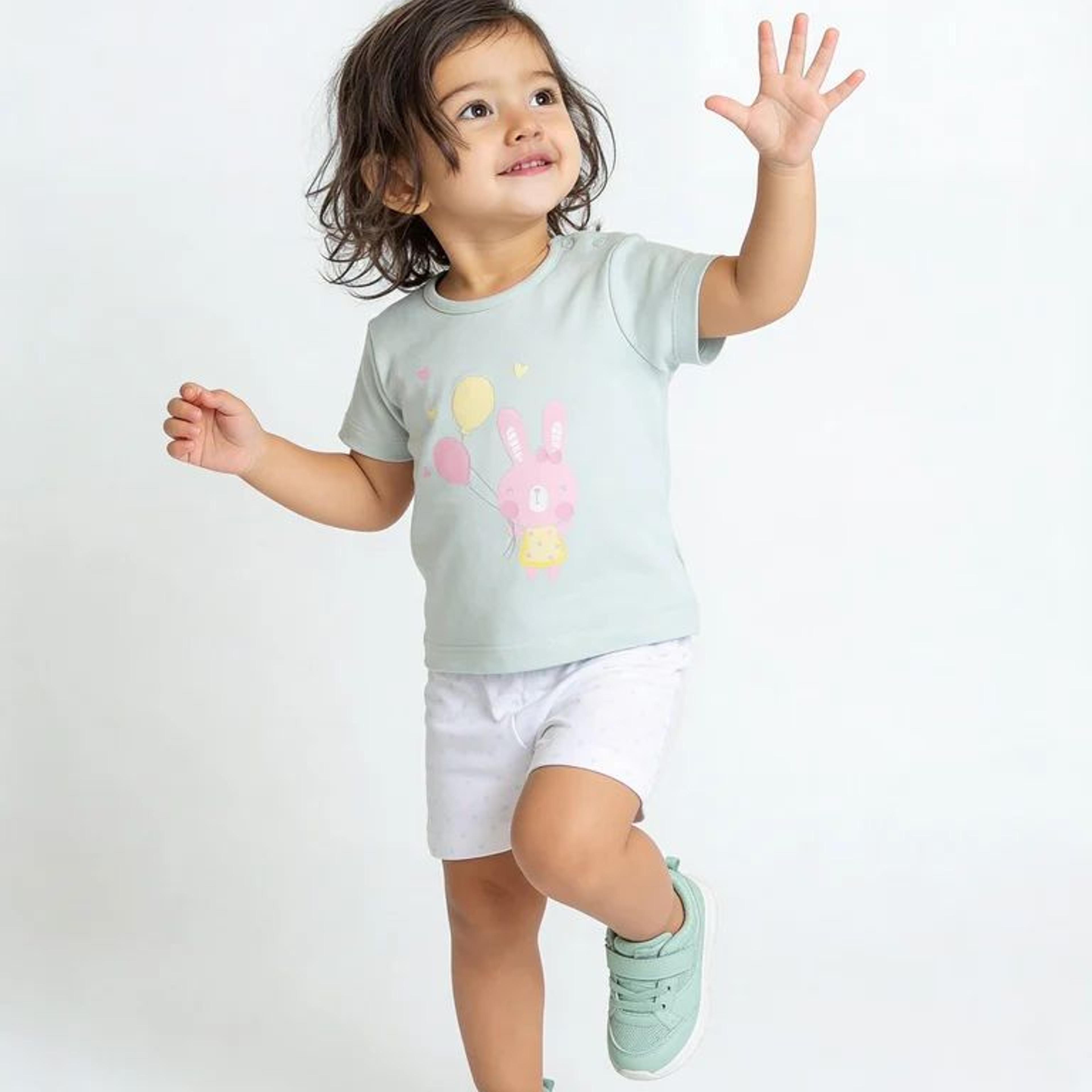 HOP Baby Girls Light Blue Printed Cotton T-Shirt and Shorts Set