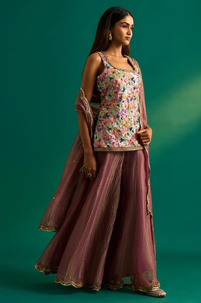 Multicolor Embroidered Straight Tissue Kurta with Culottes and Dupatta Set — photo 5